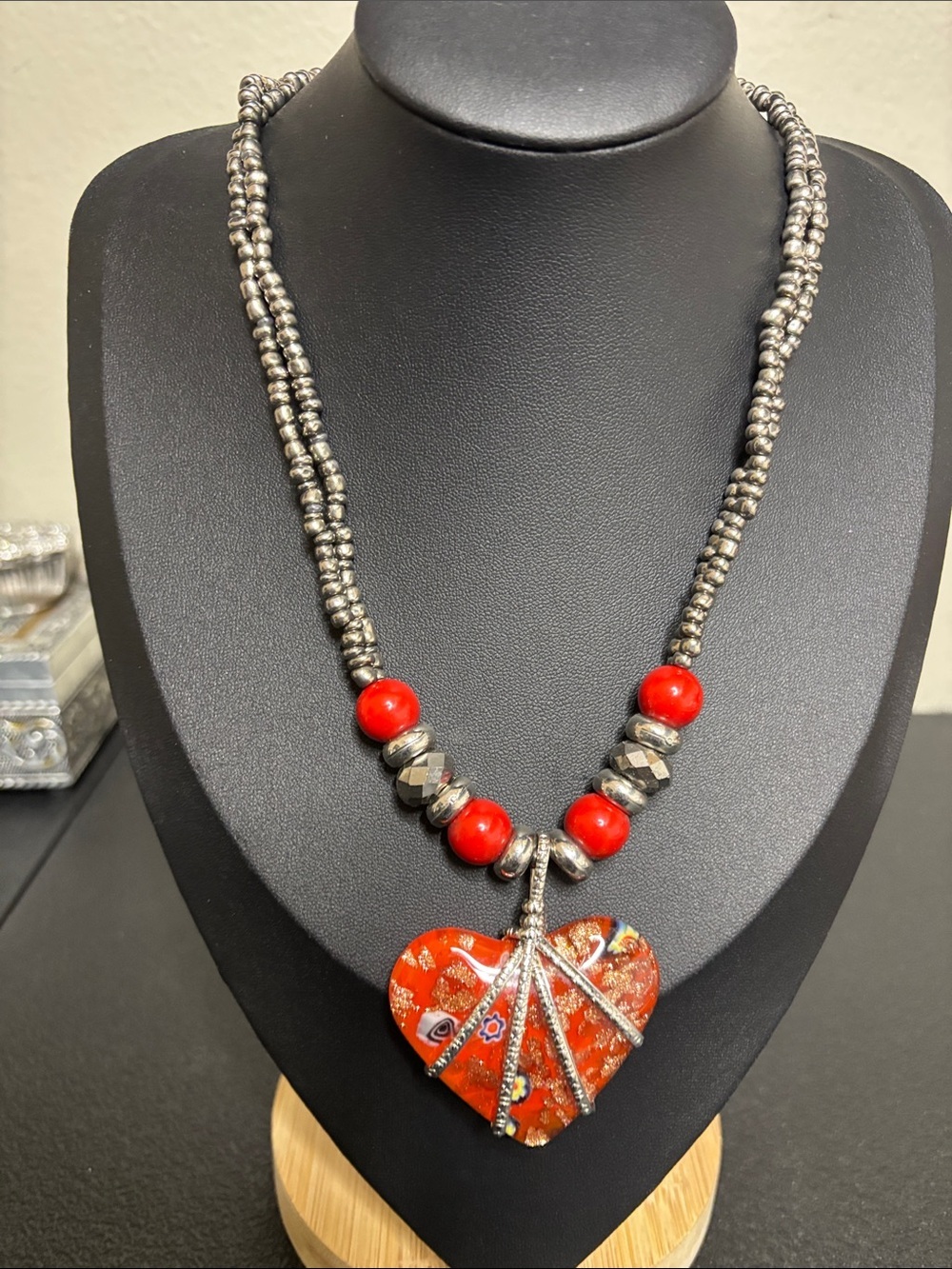 Handcrafted Red Millefiori Dichroic Heart Pendant Necklace with Silver Beads
